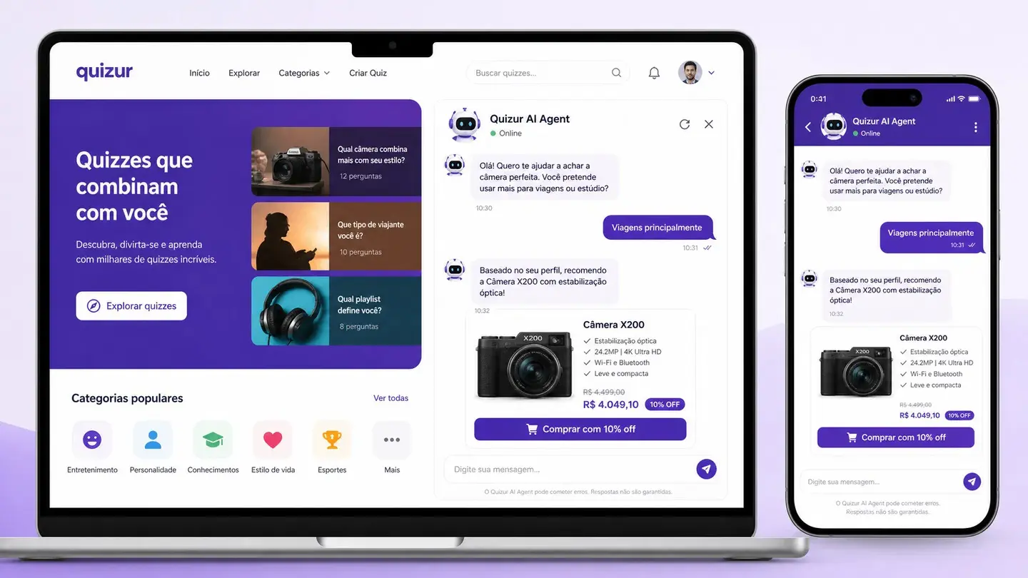Exemplo conceitual do Quizur AI Agent recomendando uma câmera no desktop e no celular