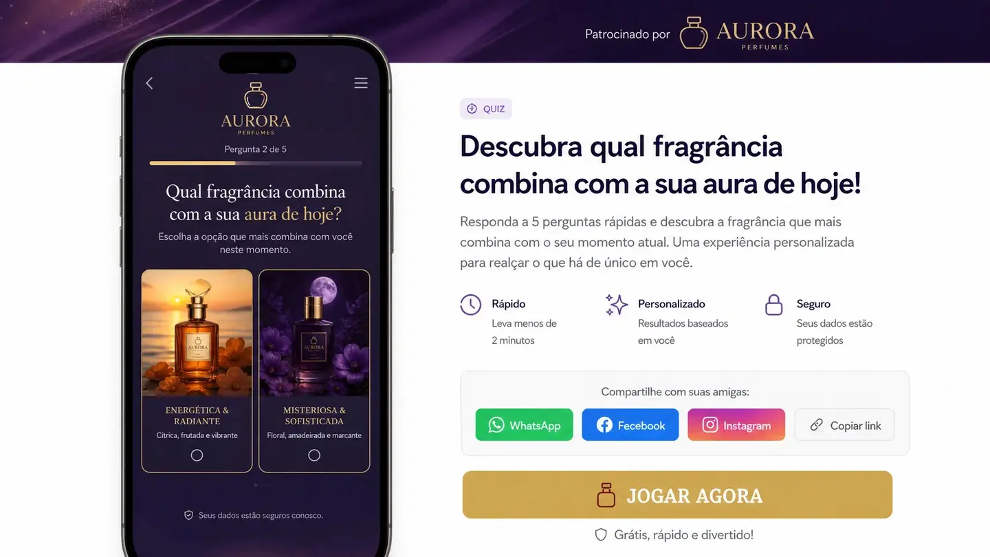 Exemplo conceitual de quiz de marca para a Aurora Perfumes no desktop e no celular